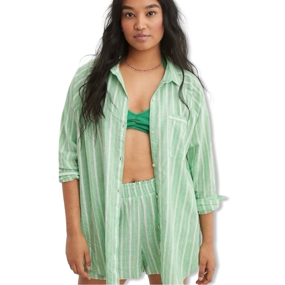 Aerie Womens Pool To Party Linen Blend Cover Up Green White Stripe Size Medium